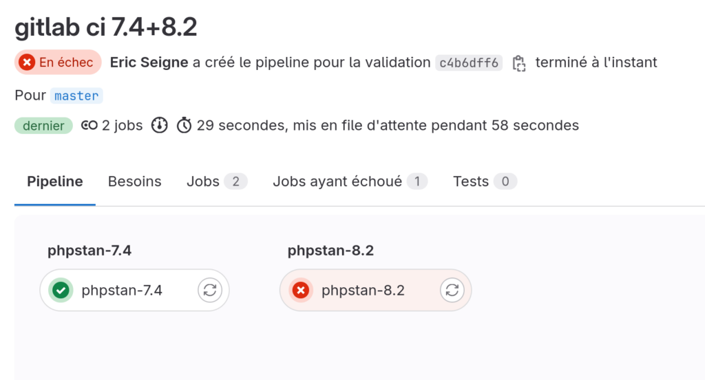 Exemple de pipeline GitLab avec le test php7.4 qui passe mais pas le test en php8.2